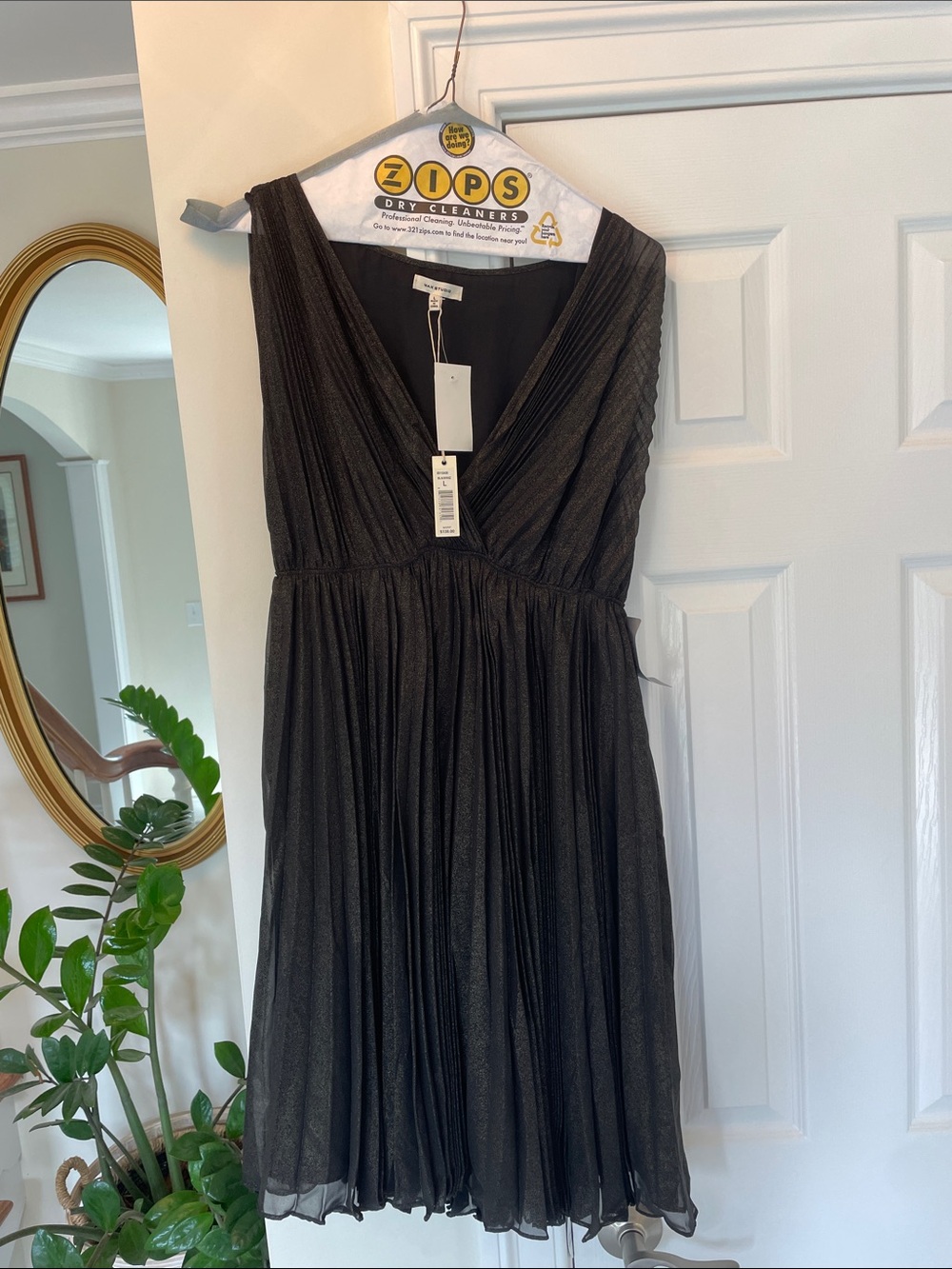 Max Studio Black Metallic Pleated V-Neck Mini Dress